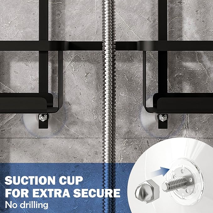 Aluminum Shower Caddy Hanging for Handheld Showerheads, Never Rust Shower Organizer with Hooks Holder Toothbrush Holder，Over Showerhead Caddy for Bathroom, Black - Image 4