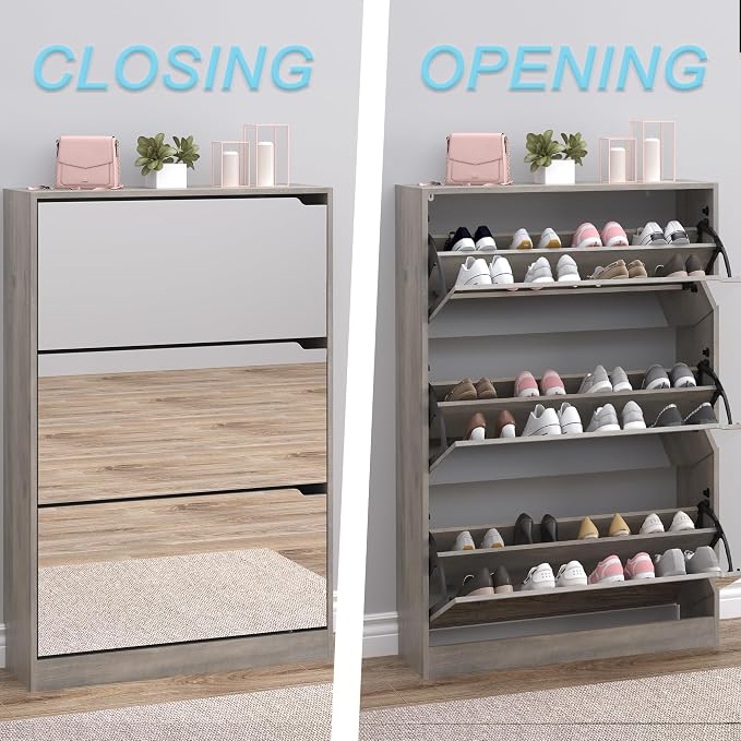 BORNOON Shoe Cabinet with 3-Flip Mirror Drawers, Freestanding Shoe Rack Organizer with Hidden Handle, Slim Narrow Shoe Storage Cabinet for Entryway, Entrance, Hallway, Bedroom - Image 5
