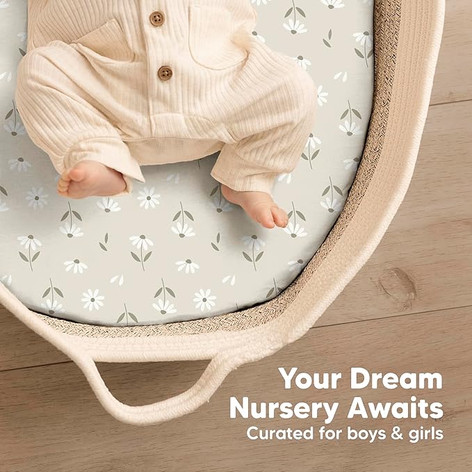2-Pack Baby Bassinet Sheets Girl, Boy - 33x17 Viscose Derived from Bamboo Bedside Mattress Fitted Bassinet Sheets, Compatible with Halo Bassinest Swivel Sleeper, Baby Delight, Graco (Daisies)
