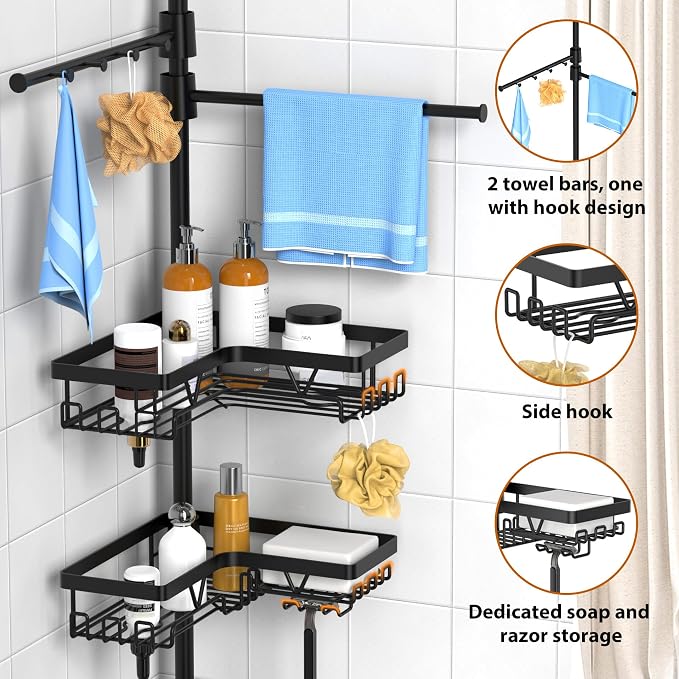 KEGII Black Shower Caddy Tension Pole with 2 Towel Bars, Adjustable Corner Bathroom Organizer, Rustproof Bathtub Storage Shelves for Shampoo, 25–114.2 Inch Shower Corner Rack for Renters & Family - Image 2