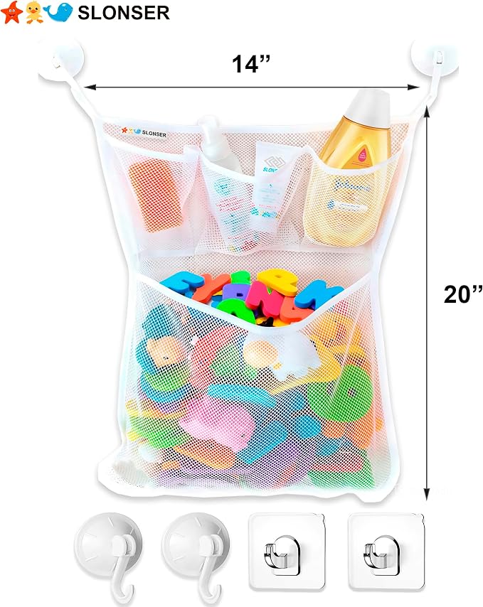 Bath Toy Storage Organizer – Large Mesh Bath Toy Holder & Bath Toy Net for Tub, Quick Dry Bathtub Bag with 2 Strong Suction Cups, 2 Adhesive Hooks, Quick-Dry Hanging Shower Cubby Basket, 14x20 Inch - Image 2