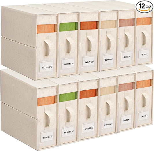 12Pack Linen Sheet Organizers for Linen Closet - King/Queen Size Bedding Storage Boxes with Clear Window | Foldable, Dustproof Sheet Storage Organizer for Blankets & Sheet Sets,Off-white by ZenStorage