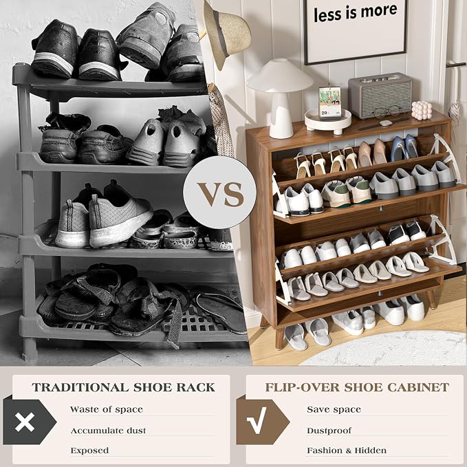 Fsbecl Shoe Storage Cabinet for Entryway with 2 Flip Drawers, Narrow Wood Shoe Cabinet with Fluted Panel, Freestanding Hidden Shoe Organizer for Foyer, Hallway (Walnut) - Image 6
