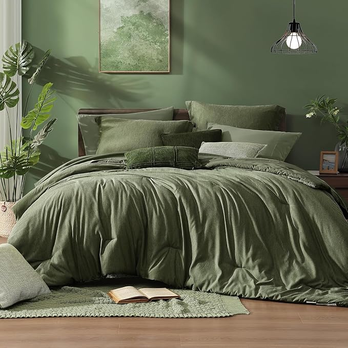 Monbix California King Comforter Set - 7 Pieces Cationic Dyeing Olive Green Bed in a Bag Cal King Bedding Sets with Comforter, Sheets, Pillowcases & Shams, Reversible Bedding Comforters Sets