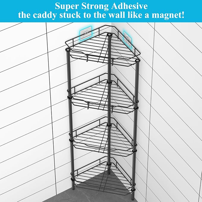 HuggieGems 4 Tier Floor Standing Corner Shower Caddy Organizer Shelf with Hooks, Bathroom Shelves Stand Rack, Black - Image 2