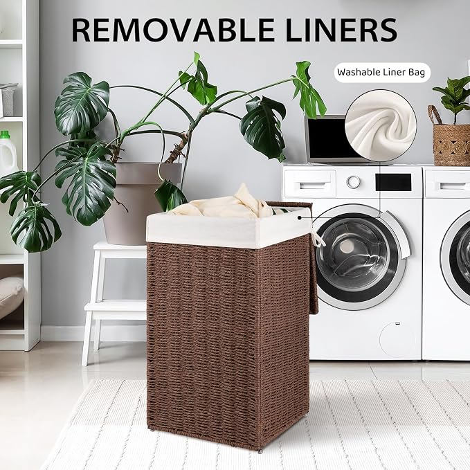 OIAHOMY Laundry Hamper with Lid, 65L(17.2 Gal) Large Wicker Laundry Basket for Bedroom, Handwoven Paper Rope Clothes Hamper with Washable Liner & Metal Frame, Decorative organizer for Bathroom Brown - Image 6
