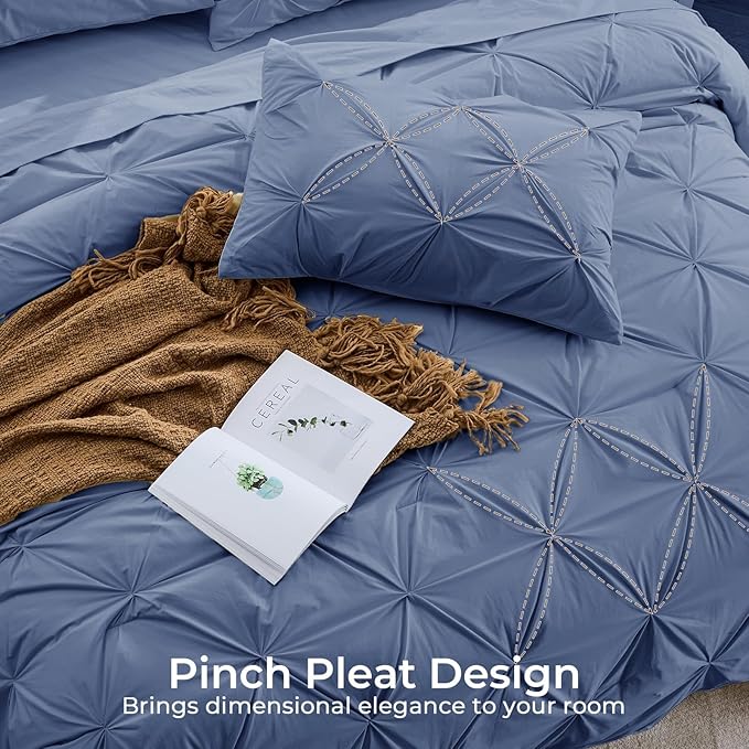 Sasttie California King Comforter Set, 7-Piece Bed in a Bag, Pintuck Bedding Sets for All Season, Includes Comforter, Flat Sheet, Fitted Sheet, Pillowcases and Pillowshams, Slate Blue