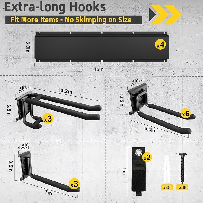 64" Garage Wall Organizer – 12 Longer & Thicker Hooks + 2 Straps, 900 Lbs Heavy Duty Steel Garden Tool Storage Rack & Garage Organization for Yard, Shed, Garage - Image 2