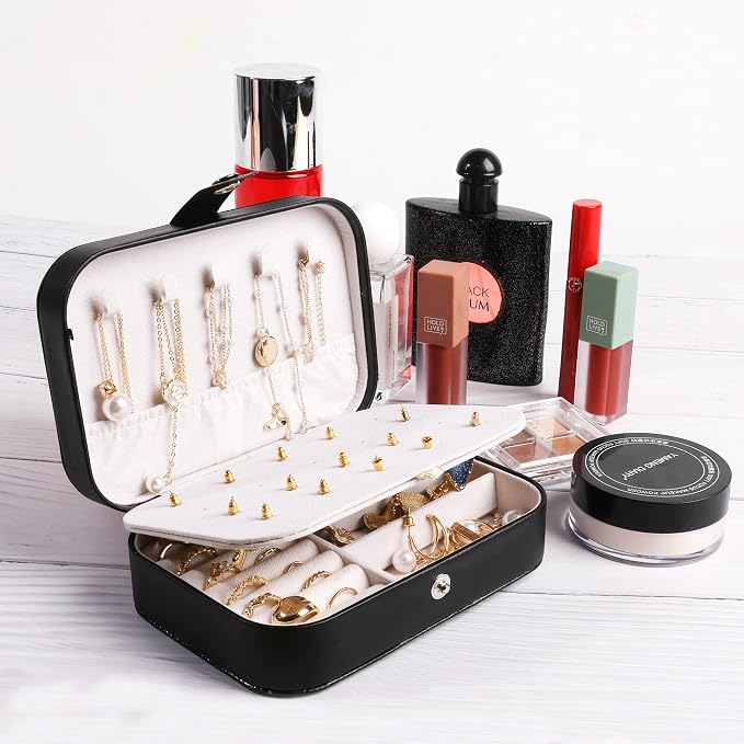 OceeK Travel Jewelry Box,Travel Jewelry Case for Girls Women Mothers, Jewelry Organizer Case, PU Leather Black,1 Pack - Image 4