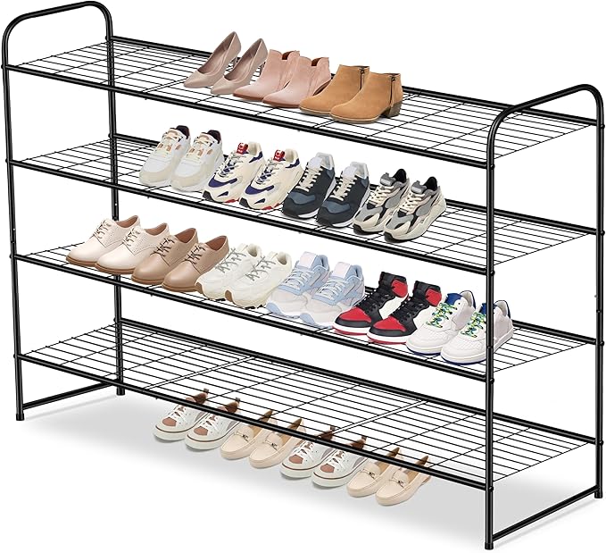 AOODA 4 Tier Long Metal Shoe Rack for Closet Wide Stackable Shoe Storage Organizer for Entryway, Bedroom, Floor, Holds 30 Pairs Men Sneakers Large Boot Shelf with Wire Grid, Black by AOODA