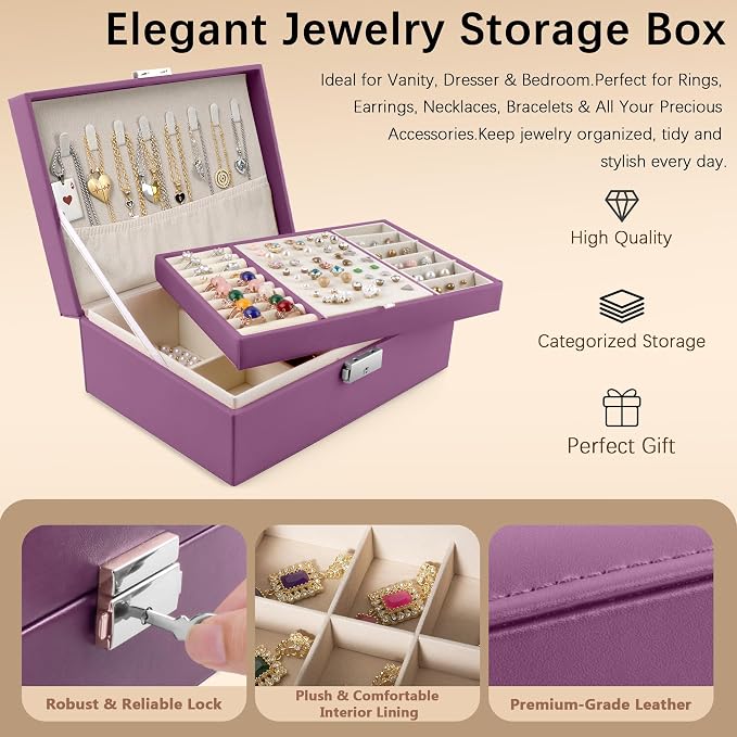 Homeanda Jewelry box 2 layer Jewelry box Leather Jewelry boxes for Women Girls Teens Jewelry organizer box Jewelry Storage box with lock(Purple) - Image 4