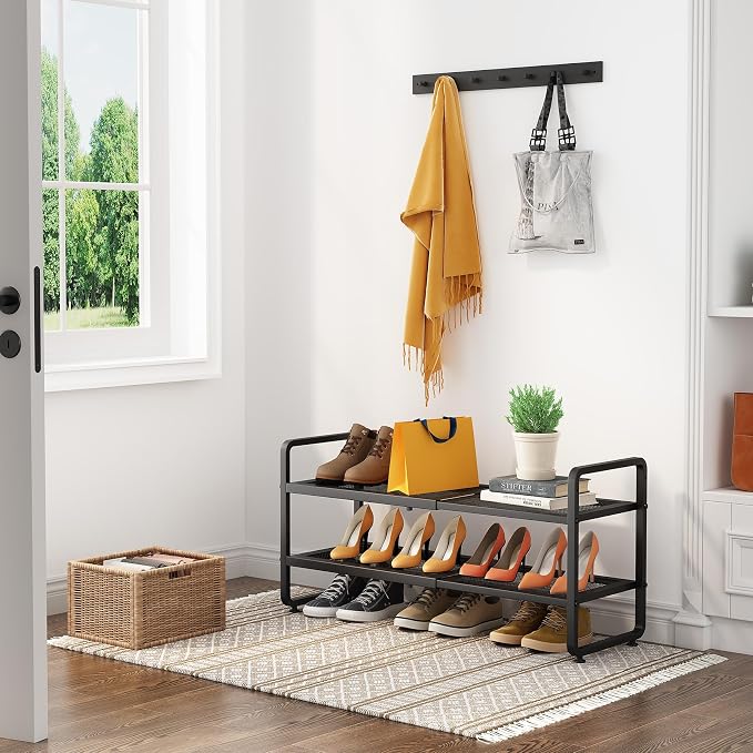 SNTD Shoe Rack - Expandable Shoe Organizer for Closet, Adjustable Metal Shoe Shelf Storage, Stackable Long Shoe Stand Holder for Garage, Entryway, Door Entrance (Black, 2-Tier) - Image 2