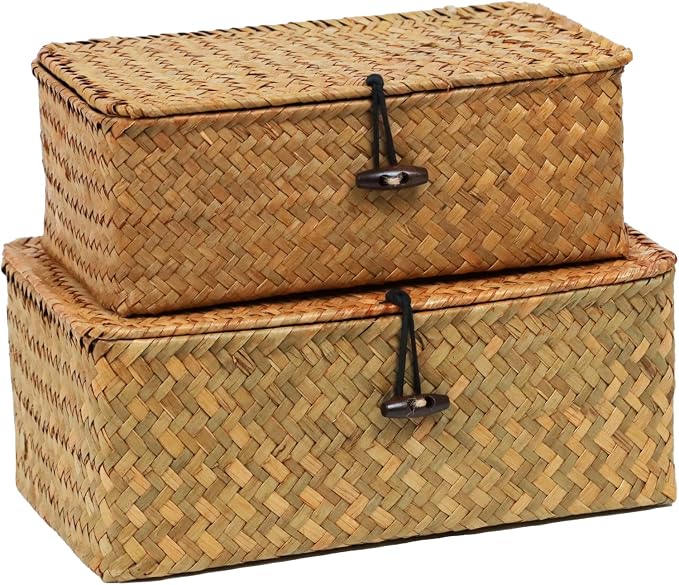 Set of 2 Wicker Basket with Lid, Seagrass Woven Basket for Storage, Decorative Storage Baskets Bins for Organizing Home by ORDELITE