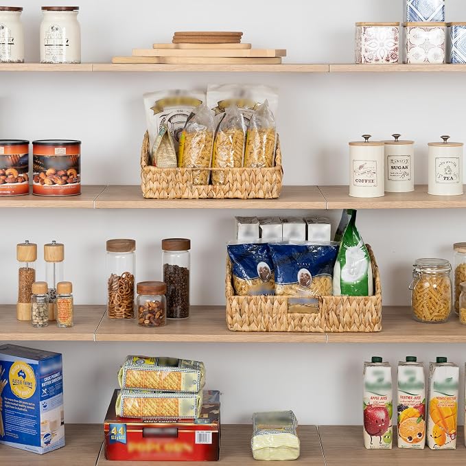 StorageWorks Pantry Baskets for Organizing, Water Hyacinth Baskets for shelves with Built-in Handles, Pantry Organizers and Storage, Set of 2 (Large and Medium) - Image 3