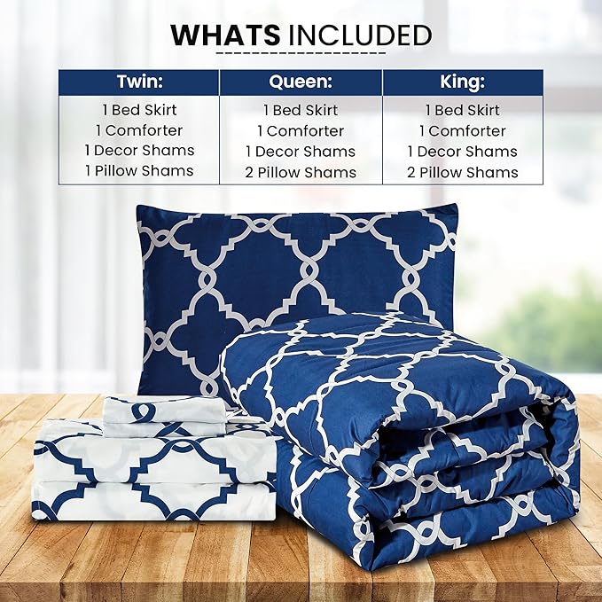LUX Décor Reversible 5pc King Comforter Set, Printed Bedding Set, All-in-One Bed in a Bag, Includes 1 Comforter, 2 Pillow Shams, 1 Decorative Pillow & 1 Bed Skirt (Quatrefoil Navy,King)