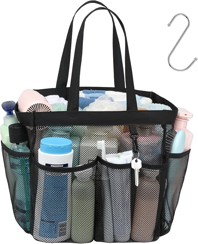 F-color Mesh Shower Caddy Portable, 8.3" Deeper Pockets Large Shower Caddy Bathroom Caddy for College Dorm Room Bathroom Essentials, 2 Handles Shower Bag Tote for Gym Rv, Camp with S Hook, Black by F-color