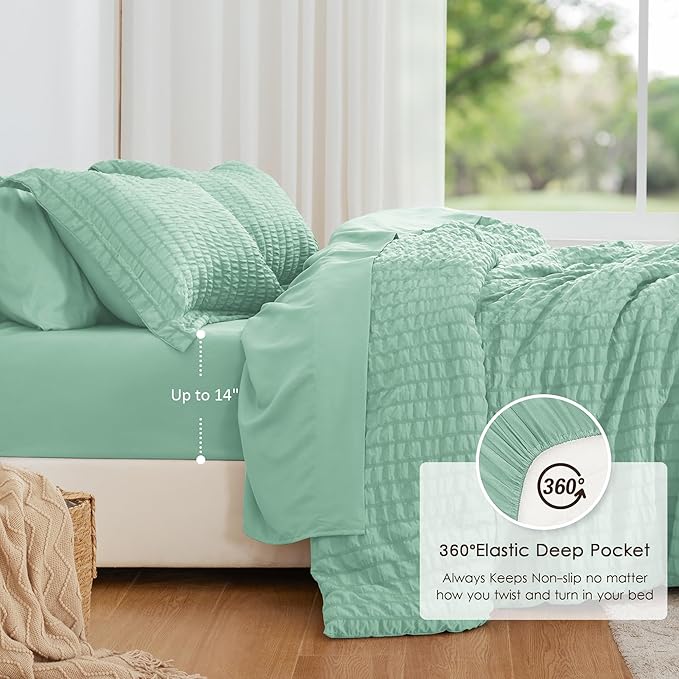 Love's cabin Seersucker Light Green Queen Comforter Set, 7-Piece All Season Lightweight Bed in a Bag Bedding Set with Comforter, Flat Sheet, Fitted Sheet, Pillowcases and Shams | Soft, Breathable, Lightweight