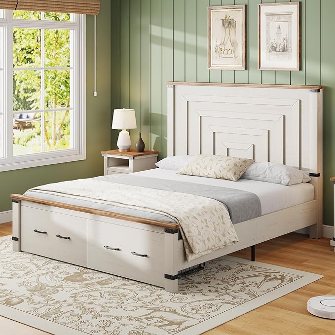 AMERLIFE 2 Pieces Farmhouse Bedroom Set, Includes Wood Rustic Queen Size Bed Frame with 54" Tall Headboard, 48" Tall 5 Drawers Dresser Chest, Heavy Duty Thick Plank Styling, Antique White