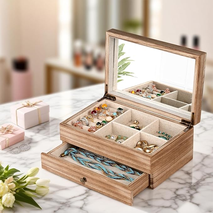 Meangood Jewelry Box Organizer for Women, 2 Layer Large Jewelry Storage Case, Rustic Wooden Jewelry Box with Mirror & Ring Tray for Necklace Earring Bracelets Rings, Vintage Style (Torched Wood) - Image 7