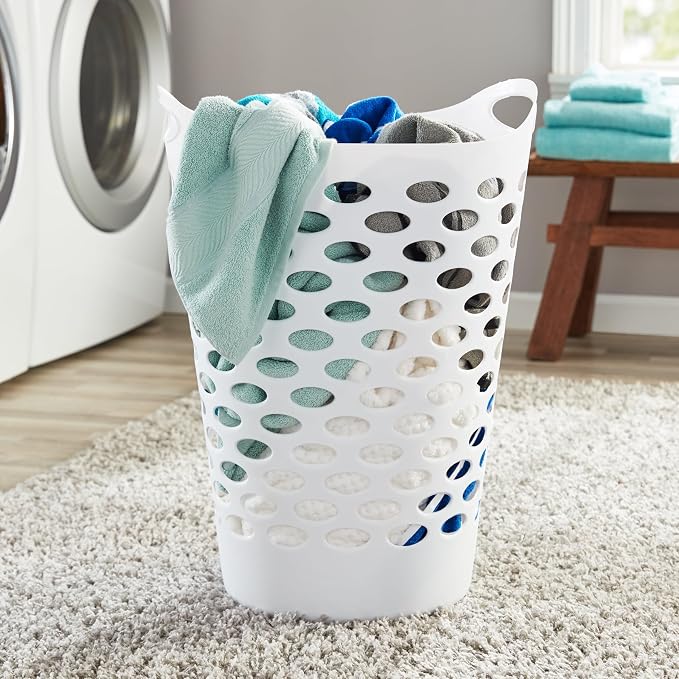 2 BUSHEL Flexible Laundry Basket,Tall plastic hamper for Clothes, Bedroom, and Storage - Portable Round Bin with Carry Handles 17.75" x 17.25" x 26", White (2) - Image 3