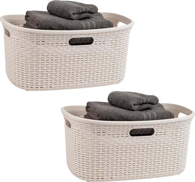 Mind Reader 40L Laundry Basket, Clothes Hamper, Premium Wicker Design, Plastic, Set of 2, Ivory by MindReader