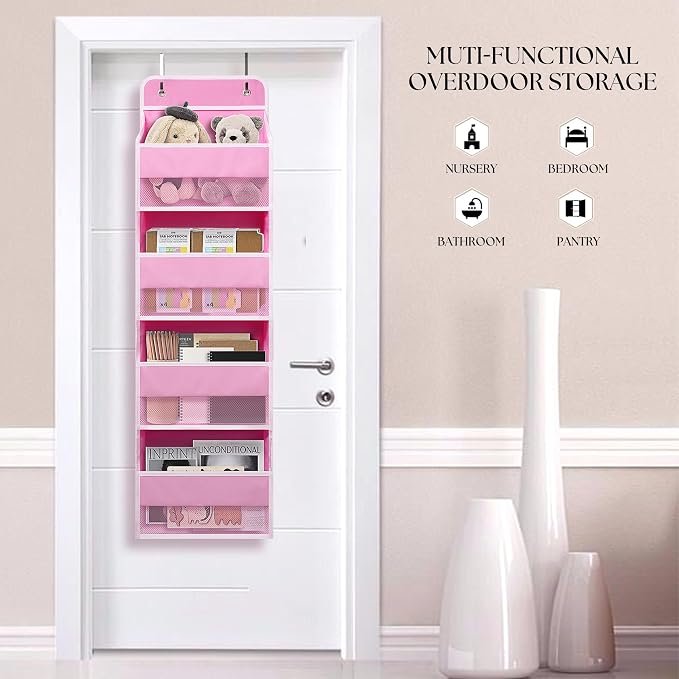 TYMENSH Over The Door Hanging Organizer with 4 Large Pockets – Closet, Bathroom, Nursery, Bedroom, Dorm Storage for Toys, Cosmetics, and Baby Essentials, Pink - Image 3