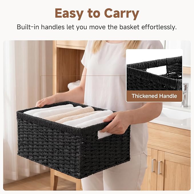 StorageWorks Wicker Storage Baskets for Organizing, Wicker Basket with Handles, Decorative Storage Baskets for Shelves, Black Paper Rope, 2 Pack - Image 3