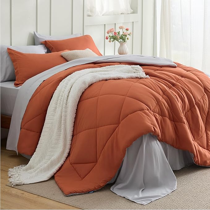 Bedsure King Size Comforter Set - 7 Pieces Reversible Burnt Orange Bedding, King Size Bed Set for All Seasons, Bed in a Bag with Down Alternative Comforter, Sheets, Pillowcases & Shams