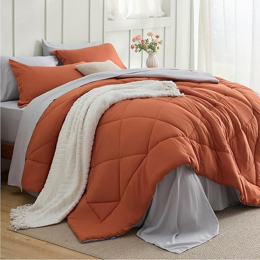 Bedsure King Size Comforter Set - 7 Pieces Reversible Burnt Orange Bedding, King Size Bed Set for All Seasons, Bed in a Bag with Down Alternative Comforter, Sheets, Pillowcases & Shams