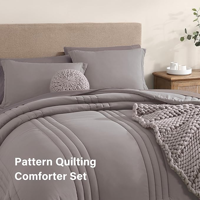 Monbix Queen Comforter Set - 7 Pieces Cloud Purple Bed in a Bag Queen Bedding Sets with Comforters, All Seasons Comforter Bed Set with Sheets, Pillowcases & Shams