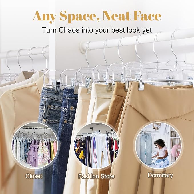 HOUSE DAY Clear Skirt Hangers with Clips, Non-Slip Pants Hangers for Closet, Clip Hanger for Pant, Skirts, Shorts, 14'' Clear Plastic Hanger, Pack of 25 - Image 7