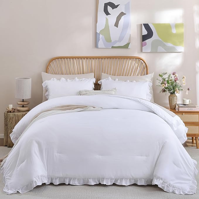 JANZAA King Size Comforter Set White Ruffled Comforter Set Soft Vintage Farmhouse Bed Beding Set Fluffy 3PCS Shabby Chic Bedding with 2 Pillowcases