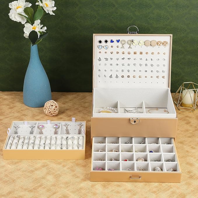 BOOVO Earring Jewelry Box For Women Girl Stud Organizer, 5 Layers Girl Jewelry Organizer Box With Lock Earring Holder Organizer Necklace Ring Jewelry Organizer Box For Girls (Champagne) - Image 7