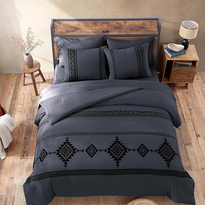 MaiRêve Embroidery Full Size Comforter Set Crown Blue, Farmhouse Western Boho Bedding Set 7 Pieces, All Season Bed in A Bag Comforter Set with Sheets, Pillowcases & Shams