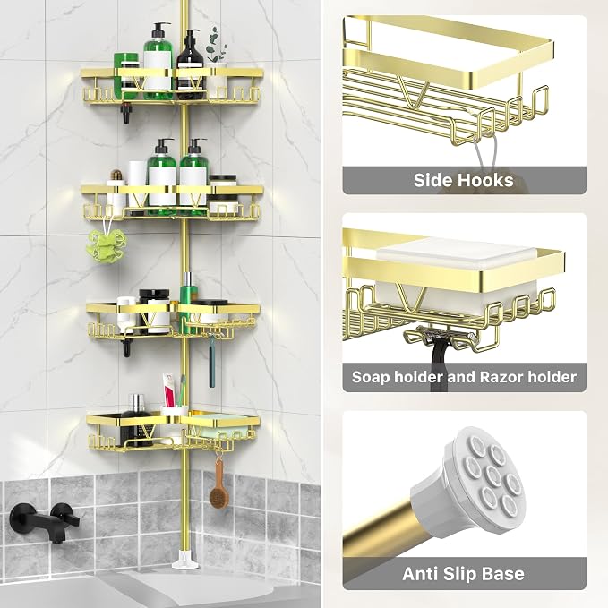 DAOYA Shower Caddy Tension Pole - Gold Corner Shower Caddy Stainless Steel Bathroom Shower Organizer for Tub Tension Rod Corner Shower Shelves(22-114.2inch) - Image 5