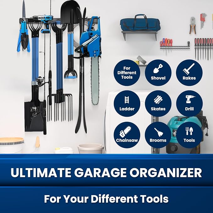 64'' All-Metal Garage Tool Organizer Wall Mount – Heavy-Duty Tool Rack Holds 680 lbs, Adjustable Hooks for Garage, Yard, and Garden Equipment - Image 2