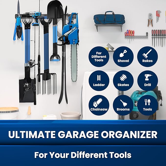 96'' All-Metal Garage Tool Organizer Wall Mount – Heavy-Duty Tool Rack Holds 960 lbs, Adjustable Hooks for Garage, Yard, and Garden Equipment - Image 4