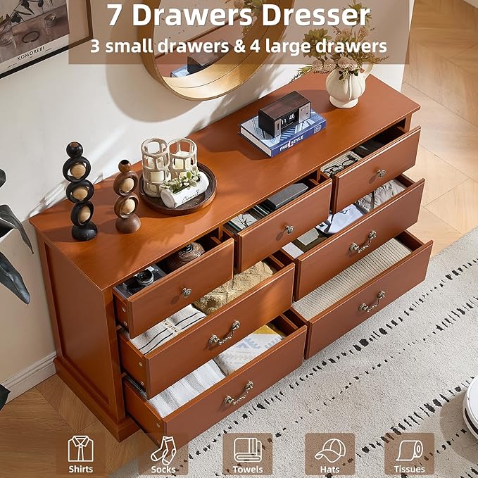 Farmhouse Dressers & Night Stand Set of 3,54" Wide 7 Drawer Dresser,18" Wide 2 Drawers End Table with Charging Station Set of 2,Furniture Dresser Sets for Home Caramel