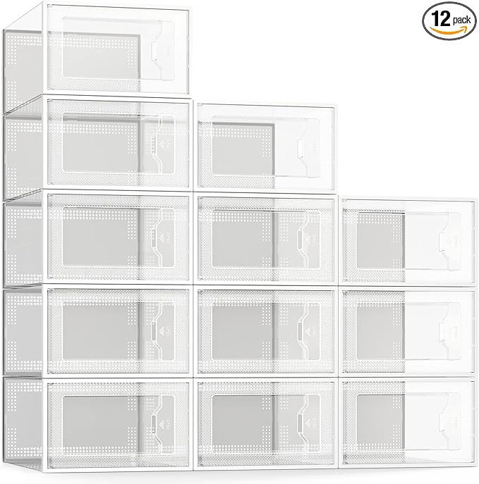 SEE SPRING 12 Pack Shoe Storage Box, Clear Plastic Stackable Shoe Organizer for Closet, Space Saving Foldable Shoe Rack Sneaker Container Bin Holder by SEESPRING