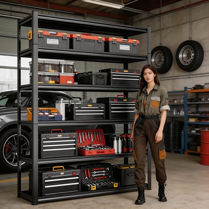 Storage Shelves, Garage Metal Shelving Unit, Adjustable, Double-Layer Column with Reinforced Ribs, Heavy-Duty, Capable of Bearing 600-3600 lbs (Black, 45''W*20''D*82''H, 6-Tier) - Image 2
