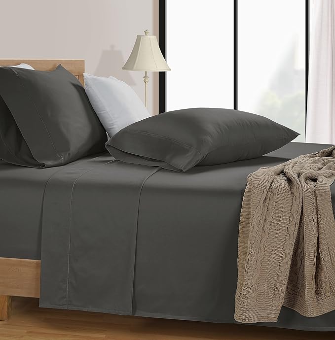 LANE LINEN 100% Cotton 600 Thread Count Split King Sheet Set for Adjustable Beds, Sateen Weave Hotel Quality, Fully Elasticized Oeak Tex Certified Sustainably Produced Machine Washable - Charcoal