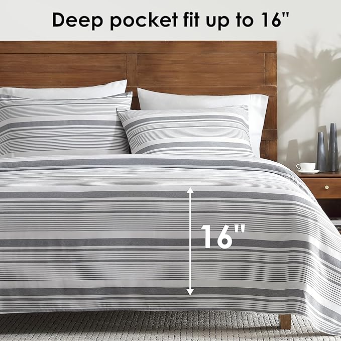 ClevaHome Classic Stripe Sheet Set - 4 Pieces Super Soft & Breathable Bed Sheet Set with Deep Pocket, Enhanced Comfort & Easy Care (King, Stone Stripe)