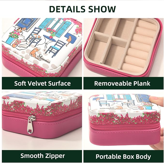 shunmei Mini Travel Jewelry Box,PU Leather Portable Jewelry Organizer Case,Art Accessories Storage Holder Boxes for Earring, Necklace, Rings, Bracelets (Four Cats) - Image 6