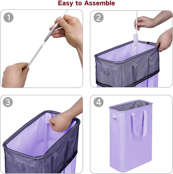 efluky Slim Laundry Basket, Narrow Laundry Hamper with Handles, Collapsible Dirty Clothes Hamper, Tall Laundry Bin for Laundry Room, Dorm and Bedroom, 19.8 Gallon (75L) Light Purple - Image 7