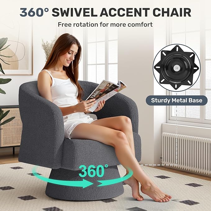 Nebuaegis Swivel Accent Chair, Modern Comfy Teddy Barrel Chairs, Oversized Upholstered Round Arm Chair for Living Room, Bedroom, Reading Room, Dark Grey, 1 PCS