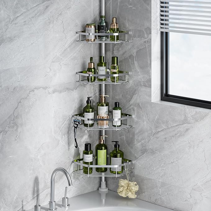 LAMU Shower Caddy Corner Tension Pole, Stainless Steel Shower Organizer, Strong Spring, 5 Adhesive Pads, 2.4 in Non-Slip Grid Base, Adjustable 4-Tier Basket, 4 Hooks, Fits Heights 37.8-124 in, Silver by YourHome-OrganizationHelper