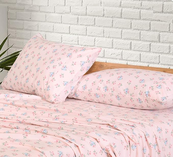 RUVANTI 100% Cotton Sheets – Queen Size Percale Bedding, Cooling & Breathable Floral Design, Durable with a Crisp, Soft & Comfortable Feel, 16" Deep Pocket, 4-Piece Set, Spring On