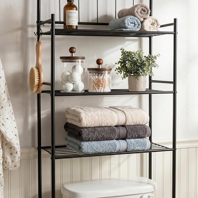Honey-Can-Do 3-Tier Over-the-Toilet Space Saver Shelf, Black Metal, 23W x 65H x 9.5D in, Freestanding Bathroom Organizer - Image 2
