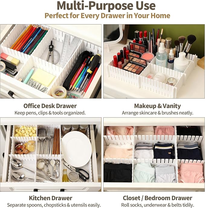 Drawer Divider Adjustable DIY Storage Organizer Separator for Tidying Clutter Cutlery Underwear Socks Clothes Dresses Desk & Box in Kitchen Bathroom Bedroom Office (Cut at Will) - Image 4