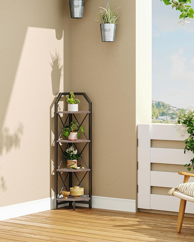 CHOEZON 4-Tier Corner Shelf, Industrial Corner Bookshelf, 47.6" Corner Storage Stand, Plant Stand Display Shelf, Corner Bookcase for Bedroom, Living Room, Home Office, Greige and Black TCJ09BG - Image 7
